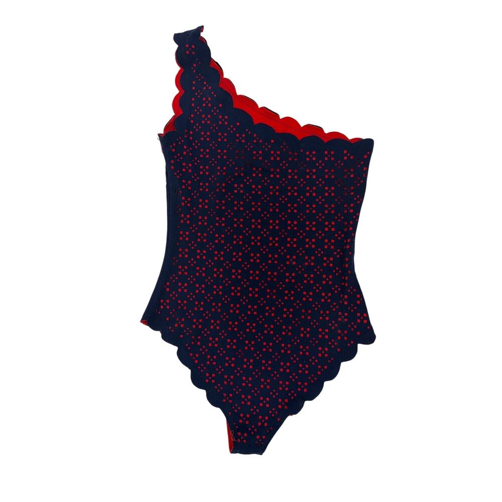 Marysia Santa Barbara Laser Cut Scallop One Shoulder Swimsuit Navy Red Small